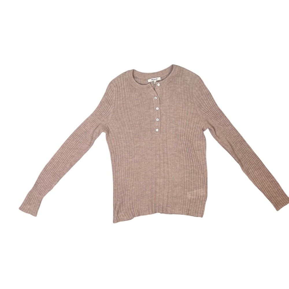 Madewell Alpaca Blend Ribbed Henley Sweater Tan Heathered Mauve XL Womens